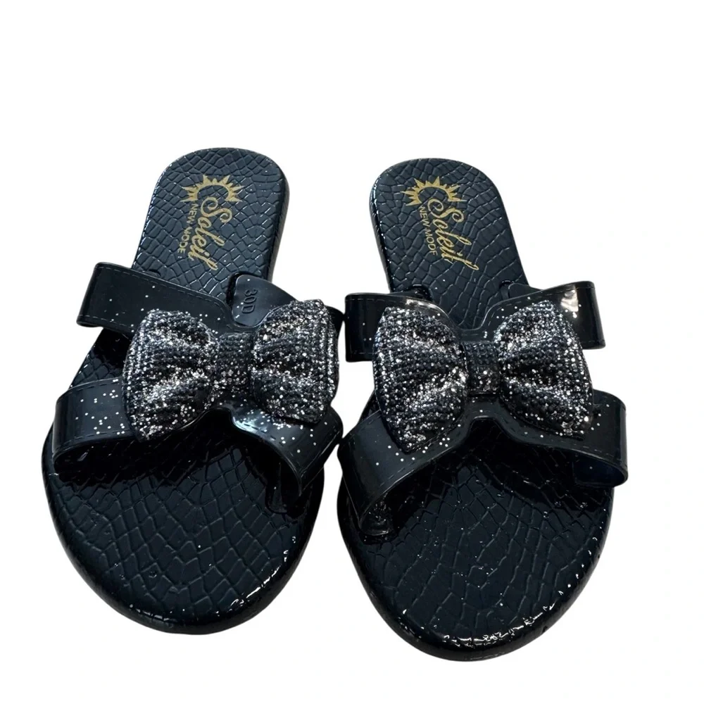 Soleil  New Mode Black Glitter Bow Sandals Size 30 US 12.5